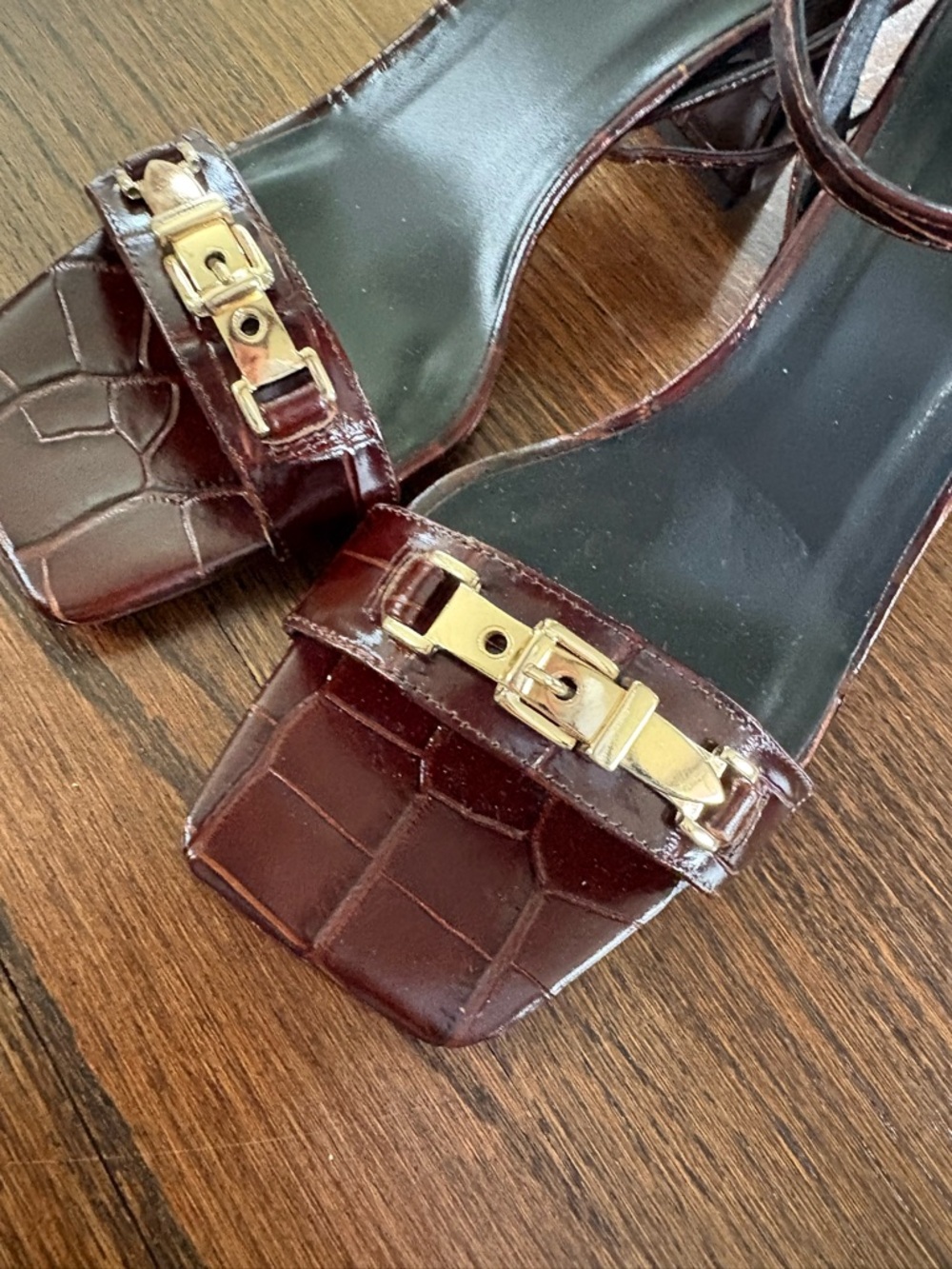 J. Crew Brown Croc-Embossed Leather Gold Buckle Ankle Strap Sandals - Picture 2 of 4